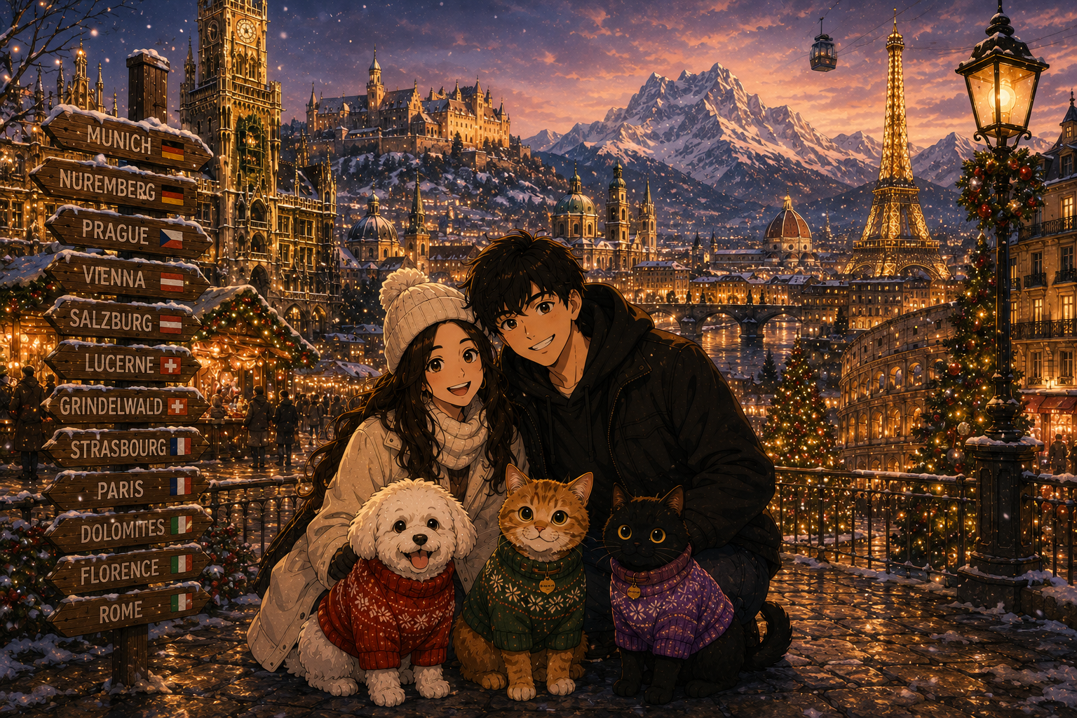Andy & Dori with their three pets at a winter signpost showing all 12 European cities